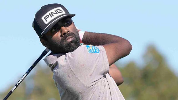 Sahith Theegala hits his tee shot on the 2nd hole during the third round of the 2023 Farmers Insurance Open golf tournament at Torrey Pines South Course.